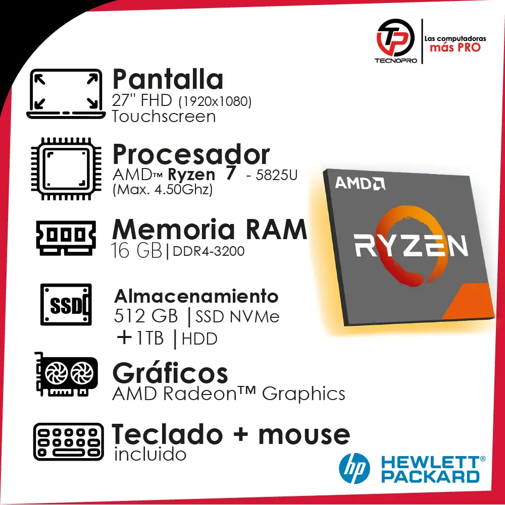 Computador Todo En Uno Hp Ryzen 7 - 16 Gb Ram - 1 Tb HDD + 512 GB Ssd + Touch - Image 3